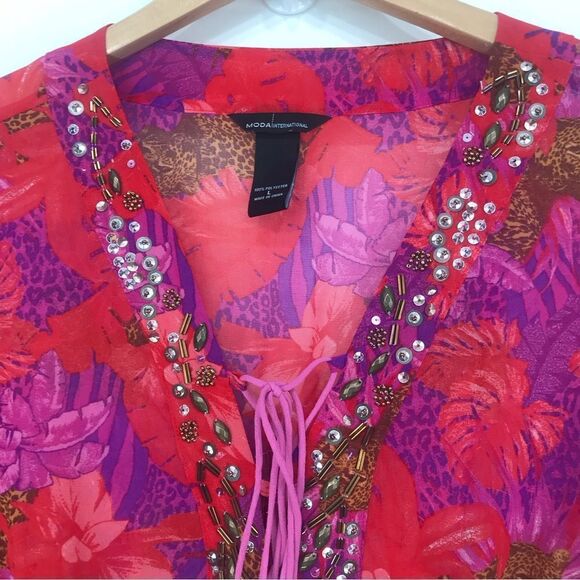Moda International Pink Tropical / Cheetah Gathered Tunic Sparkle Blouse - Picture 3 of 12